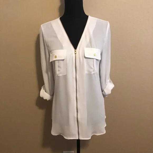 G by Guess Zip Front Dress Shirt with gold accents. Size: M - Picture 2 of 8